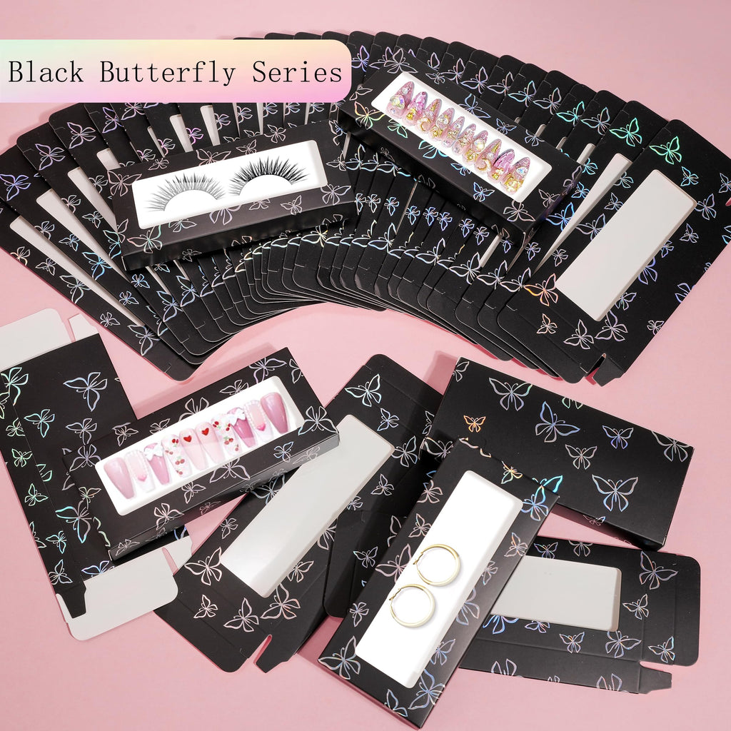 Yazabai 74PCS Press on Nails Packaging Box Set Includes 35PCS Empty Nail Package Box 35PCS White Background Paper 1 Double Sided Tape and 3 Thank You Stickers for Press on Nail Business