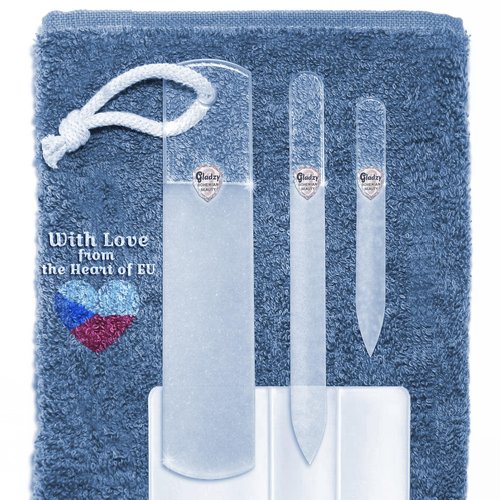 GLADZY Glass Nail File Set – Czech Crystal Nail Files for Natural Nails, Glass Foot File Callus Remover, Professional Manicure & Pedicure Kit for Fingernails & Toenails with Case and Towel, Made in EU