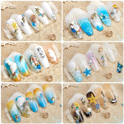 3 Boxes 3D Mixed Ocean Theme Nail Art Rhinestones Accessories Summer Beach Shell Starfish Conch Sea Series Sequin Nail Art Charms with Tweezers for DIY Nail Art Designs Manicure Decoration