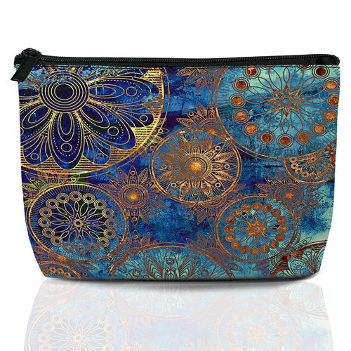 Makeup Bag Blue Gold Mandala Cosmetic Bags for Women Mini Portable Boho Flower Travel Toiletry Bag Organizer Make up Brushes Aesthetic Accessories Waterproof Storage Bags