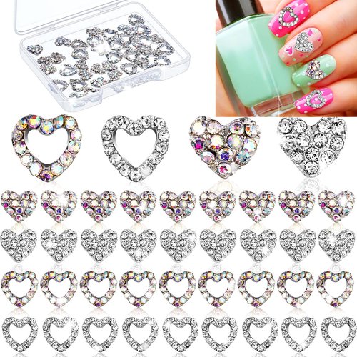 Leelosp 36 Pcs Heart Nail Charms for Nail Art, 3D Heart Rhinestone Decals Silver Crystal Charms Diamond Alloy Gems Decorations for Women Decoration