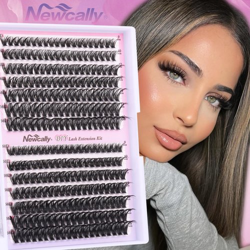 Newcally Lash Clusters Kit Wispy DIY Lash Extension Kit Volume Cluster Eyelashes Extension Natural Look D-curly Individual Lashes Kit 9-16MM Faux Mink Cluster Lashes(50D+60D, 0.07D)