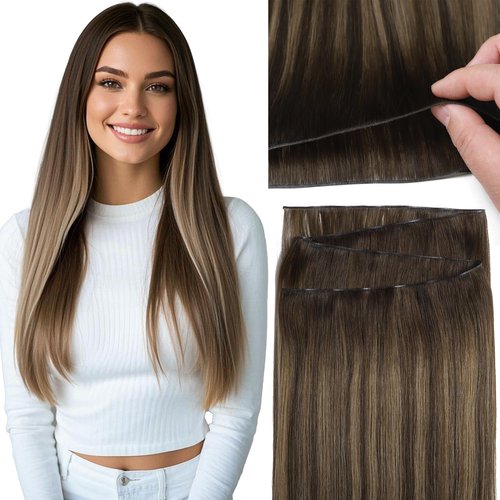 Loxxy Sew in Hair Extensions Real Human Hair Genius Weft 18 Inch Straight Ombre Chestnut Brown Mixed Dark Brown with Dark Brown Roots Hand Tied Weft Hair Extensions Human Hair Hair for Women 50g