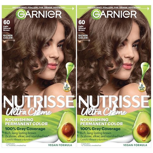 Garnier Nutrisse Ultra Crème Hair Color - Permanent Vegan Hair Dye with 100% Gray Coverage | 60 Light Natural Brown, 2 Count