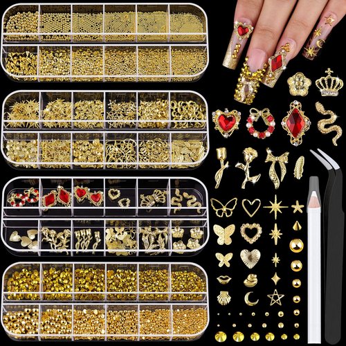 4 Boxes Gold Nail Charms and Gems for Nail Art, Nail Gems and Charms for Nails, Nail Pearls and Caviar Nail Beads, Nail Jewels and Nail Rhinestones Heart Star Nail Decorations Kit
