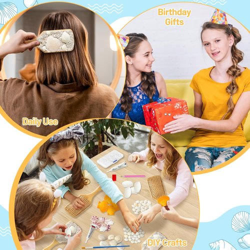 PANTIDE DIY Bamboo Hairbrush Craft Kit - 6 Set Hair Brush with Pearls Shells Brush Paint Decorate Craft Supplies, Make Your Own Mermaid Massage Hairbrush Birthday Party Gift for Women Girls