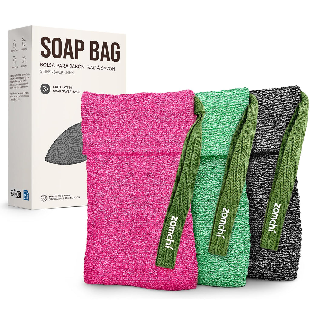 ZOMCHI 3 Pack Exfoliating Soap Bag, Body Scrubber Sponge, Soap Savers for Bar Soap, Soap Bar Pouch for Deep Exfoliation