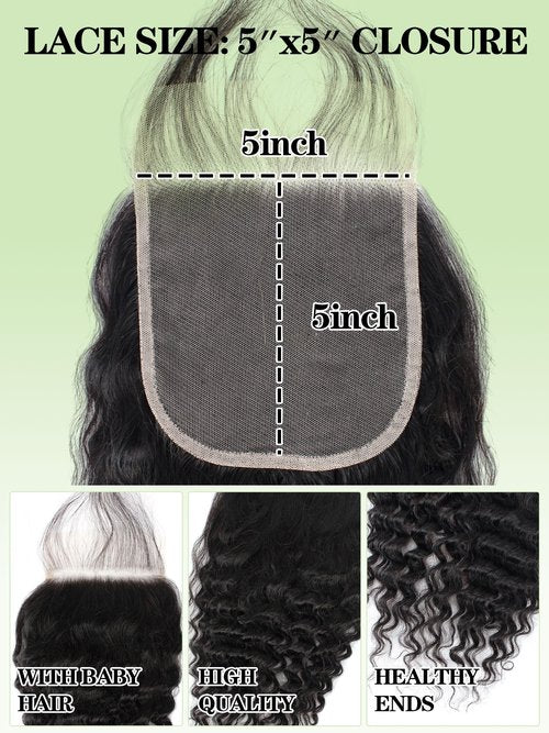 5x5 Closure Deep Wave Regular HD Lace Closure, 200% Density, 12A Brazilian Virgin Human Hair Closure Pre Plucked with Baby Hair Natural Black 12 Inch