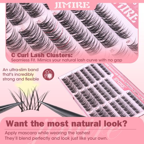 Natural Lash Clusters 8-12MM Short Eyelash Clusters Wispy Lashes Clusters with Clear Band C-Curly Cluster Eyelash Extensions 120Pcs DIY Lash Extensions at Home by JIMIRE