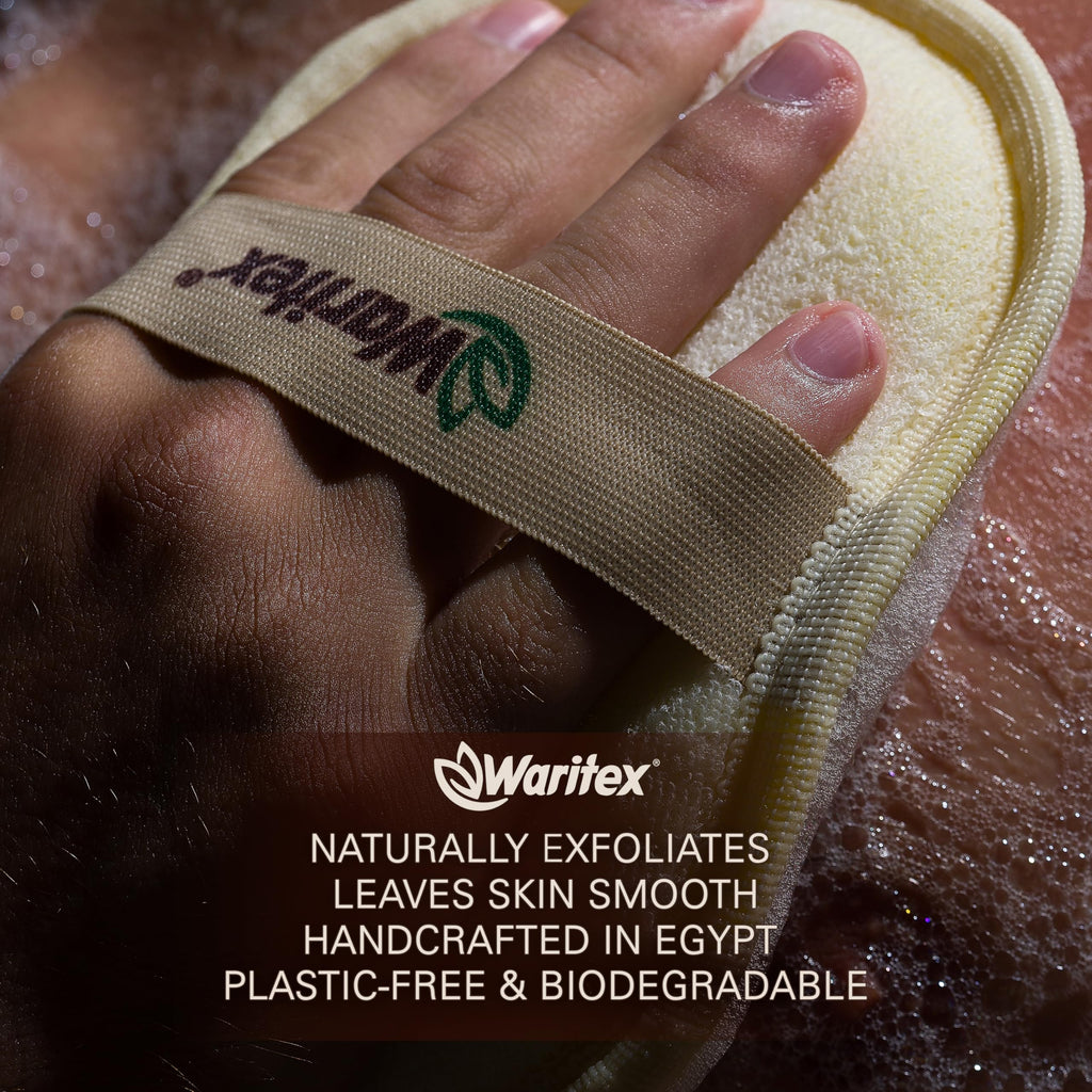 Waritex Egyptian Loofah Exfoliating Body Scrubber with Hand Strap, Oval Shower Pads Made from Natural Egyptian Loofah Fibers, Gentle Cleansing for Face and Body, for Men and Women 2 Count (1 Pack)