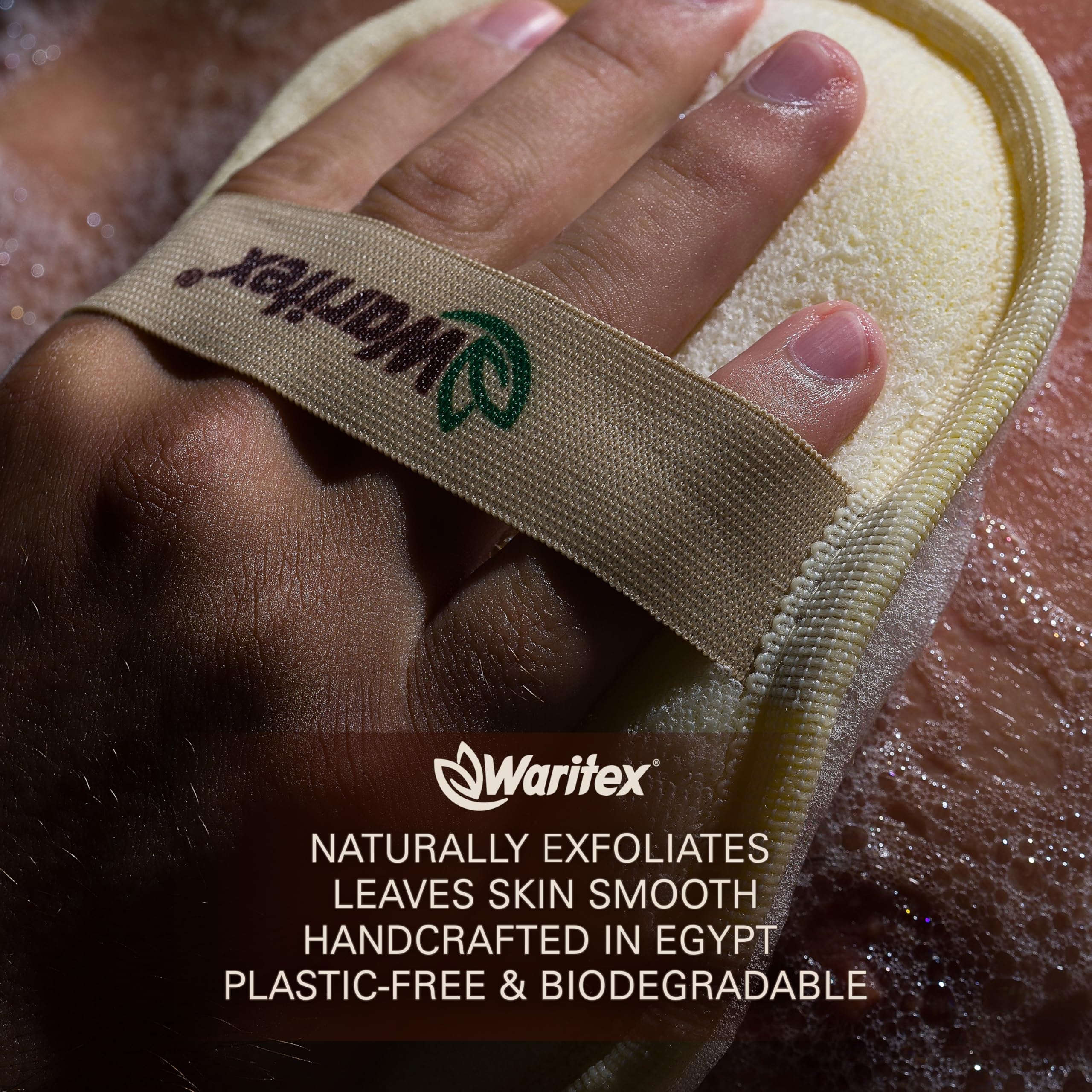 Waritex Egyptian Loofah Exfoliating Body Scrubber with Hand Strap, Oval Shower Pads Made from Natural Egyptian Loofah Fibers, Gentle Cleansing for Face and Body, for Men and Women 2 Count (1 Pack)