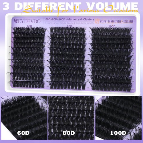 EYDEVRO Lash Clusters Kit 60D80D100D Volume Lash Extension Kit Wispy Cluster Eyelash Extensions Eyelash Extension Kit 10-18mm D Curvature Cluster Lashes with Lash Bond and Seal Tweezers Brushes