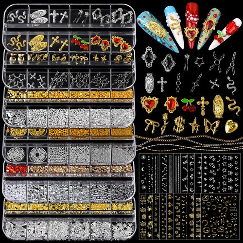 Teenitor Nail Charms and Gems with Nail Stickers, 6 Boxes Silver & Gold Nail Gems and Rhinestones Kit for Women, 3D Nail Art Rhinestones Nail Pearls, Caviar Beads for Nails,Y2K & Cross Nail Charms