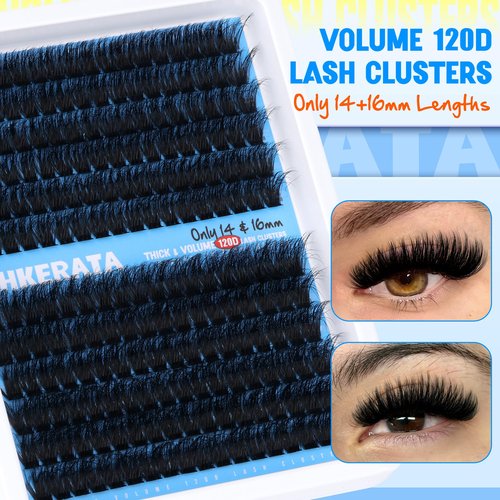 PHKERATA 14-16mm Lash Clusters Eyelash Extensions Volume Eyelash Clusters Russian D Curvature Lash Extension DIY Wispy Cluster Lashes Thick Individual Lashes, 14-16mm