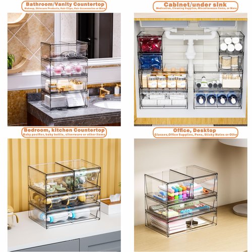 6 Pack Clear Stackable Storage Drawers,12"W Large Bathroom Makeup Organizer and Pen,Sunglass,Medicine,Baby Bottle Organizer,Plastic Pull Out Storage Bins for Desk,Under Cabinets,Vanity Countertop