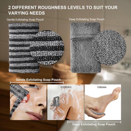 Beiskll 4 Pack Soap Bag Deep and Gentle Exfoliating,Bar Soap Pouch Saver Pocket, Body Scrubber Shower Bath Sponge Loofah (Grey)