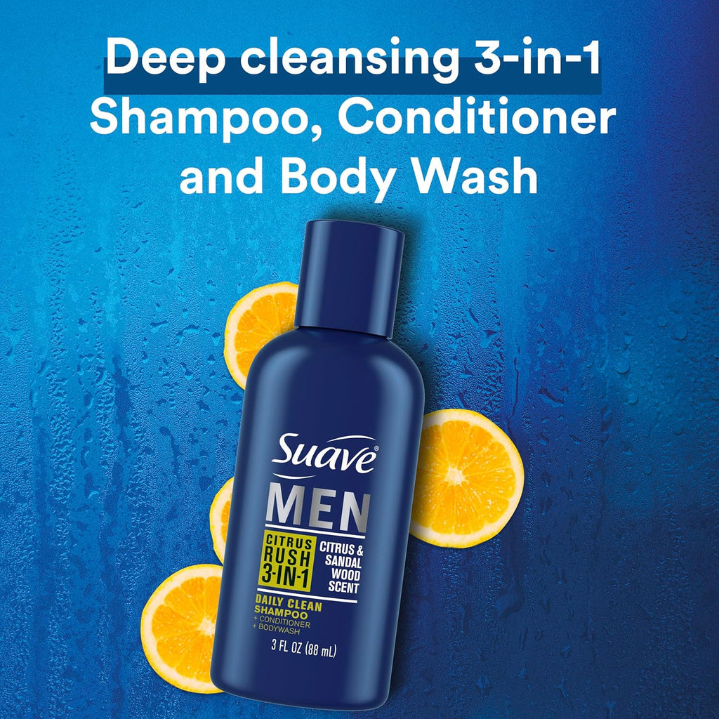 Suave Men Body Wash 3-in-1 Citrus Rush - Travel-Size Shampoo, Conditioner & Soap | Keratin-Infused, 3 Oz (Pack of 3)