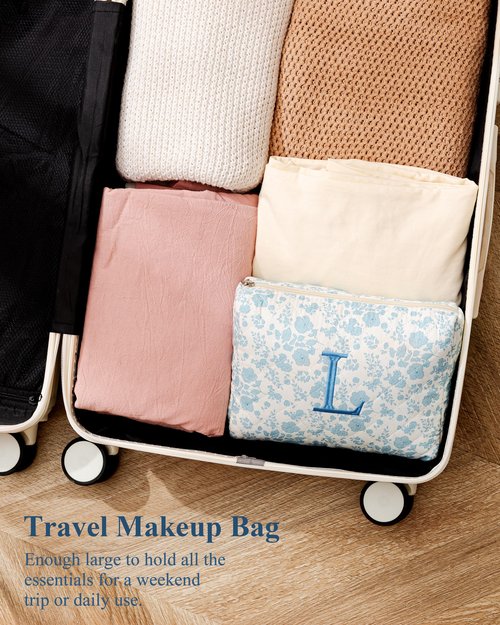 HBselect Initial Quilted Makeup Bag, Cotton Large Travel Makeup Bag, Cute Floral Coquette Make up Bag Cosmetic Bag Toiletry Bag for Women Girls L