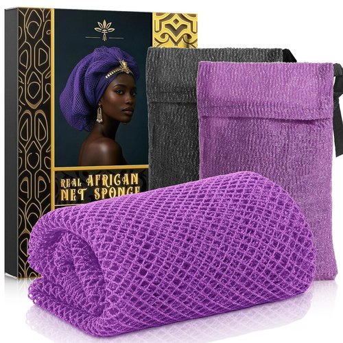 African Net Sponge with 2 Soap Saver Bags - Exfoliating Body Scrubber Set for Shower, Reusable Bar Soap Pouch & Bath Washcloth for Deep Cleaning - Purple & Black, Purple