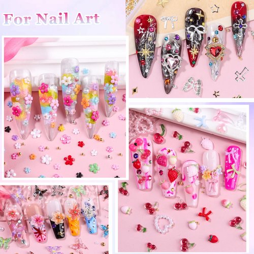 8000Pcs 3D Nail Charms and Nail Gems, Mixed Shapes and Colors Nail Charms Gold Silver Cross Star Caviar Beads Pearls Pink White Flowers Bows Charms with Tweezers for Nail Art Design Junk Case