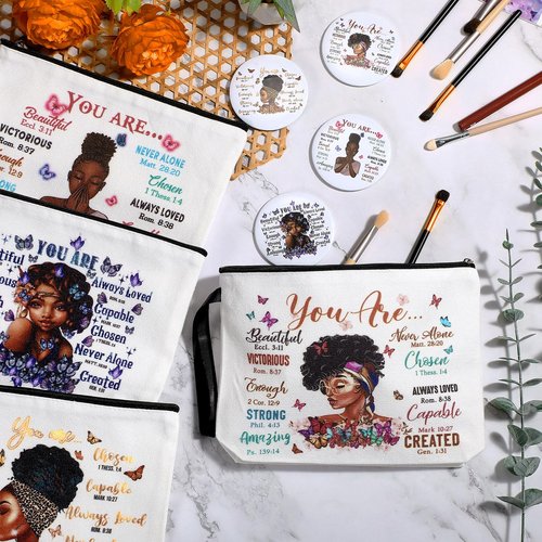 Roowest 20 Pcs Black Women Gifts Bulk Makeup Bag with Inspirational Compact Mirrors, Funny Small Travel Cosmetic Gifts for Womens Day Black Women