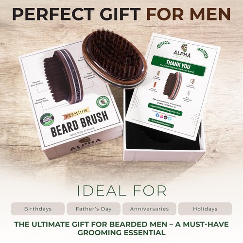 Premium Handmade 4.5" Boar Bristle Beard Brush for Men – Natural Walnut Wood & Non-Slip Rubber Grip – Men’s Grooming Brush for Short, Medium & Long Beards – Mustache & Beard Care Tool – Alpha Organics