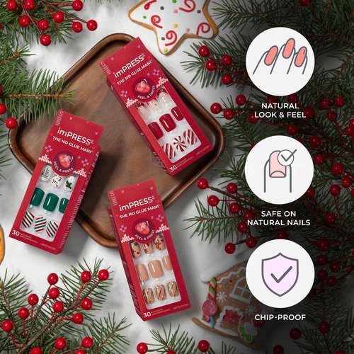 KISS imPRESS Holiday Press On Nails, ‘Feelin' Festive’, Red, Short Squoval, 3D Effect, Improved Super Hold Adhesive, 30 Fake Nails, Prep Pad, Mini Nail File, & Manicure Stick