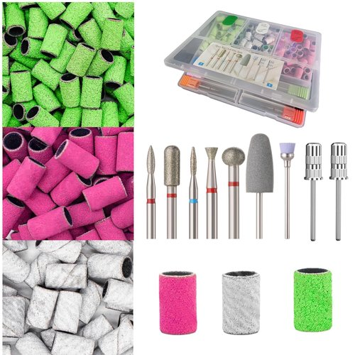 120 Pcs Nail Sanding Bands for Nail Drill, 80#120#180# Grit Nail Sander for Drill and 9 Pcs Nail Drill Bits Sets for Acrylic Nails