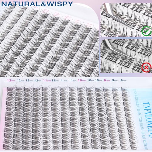 Natural Lash Extension Kit 168Pcs Lash Clusters Kit Wispy Eyelash Extensions 9-12MM Individual Lashes Extensions with Bond and Seal Lash Glue and Eyelash Extension Tweezers DIY at Home by TNFVLONEINS