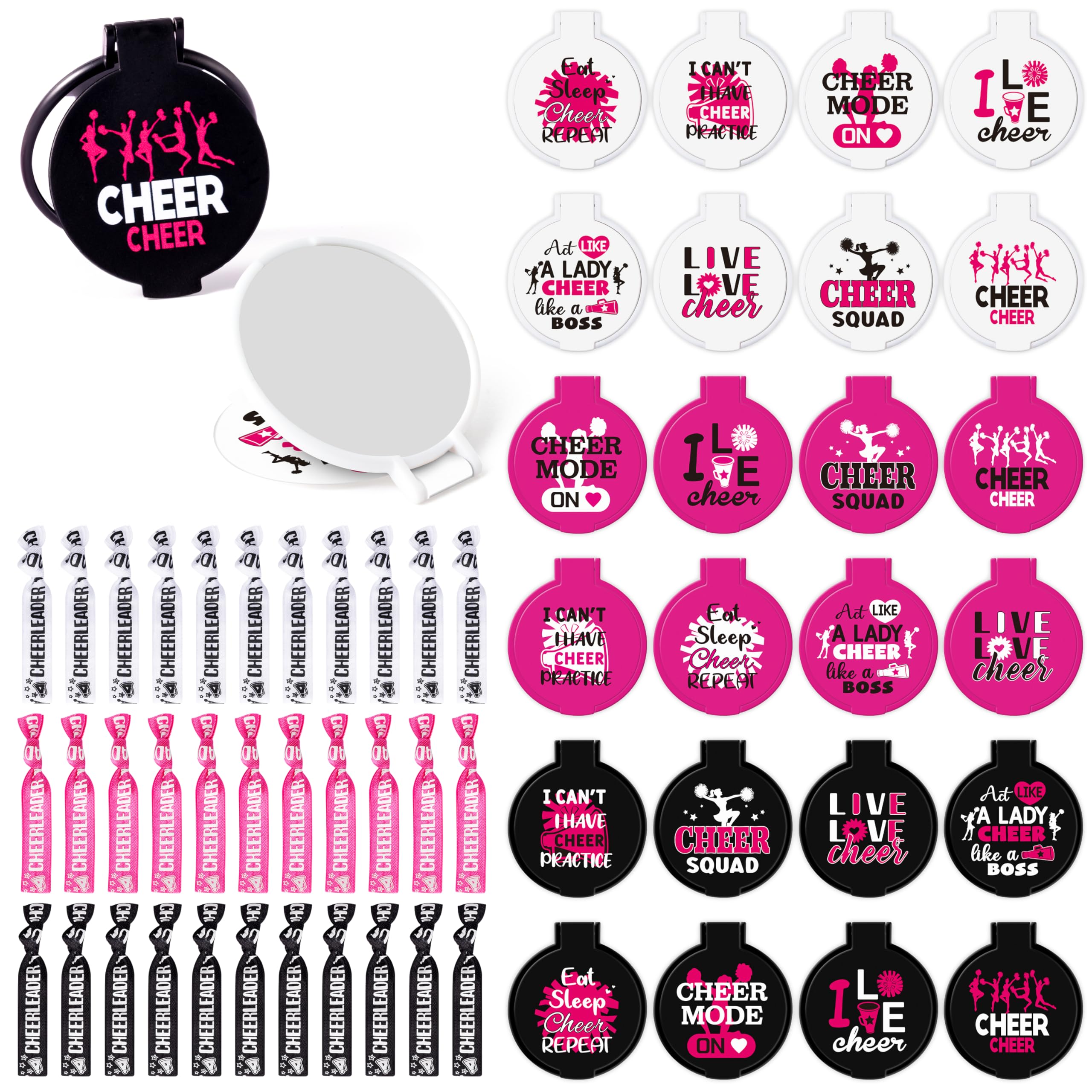 Y1tvei Cheerleading Mirror Hairband Gifts - 96Pcs Black White Pink Compact Mini Folding Pocket Mirrors with Hairbands I Love Cheer Team Accessories Bulk Gifts for Team Cheerleader Cheer Party Favors