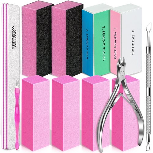 TsMADDTs Nail Files and Buffers, 13 pcs Nail Kit with 3-Way Sanding Block, 4-Way Buffing Block, 100/180 Files, Cuticle Nippers & Cuticle Pusher