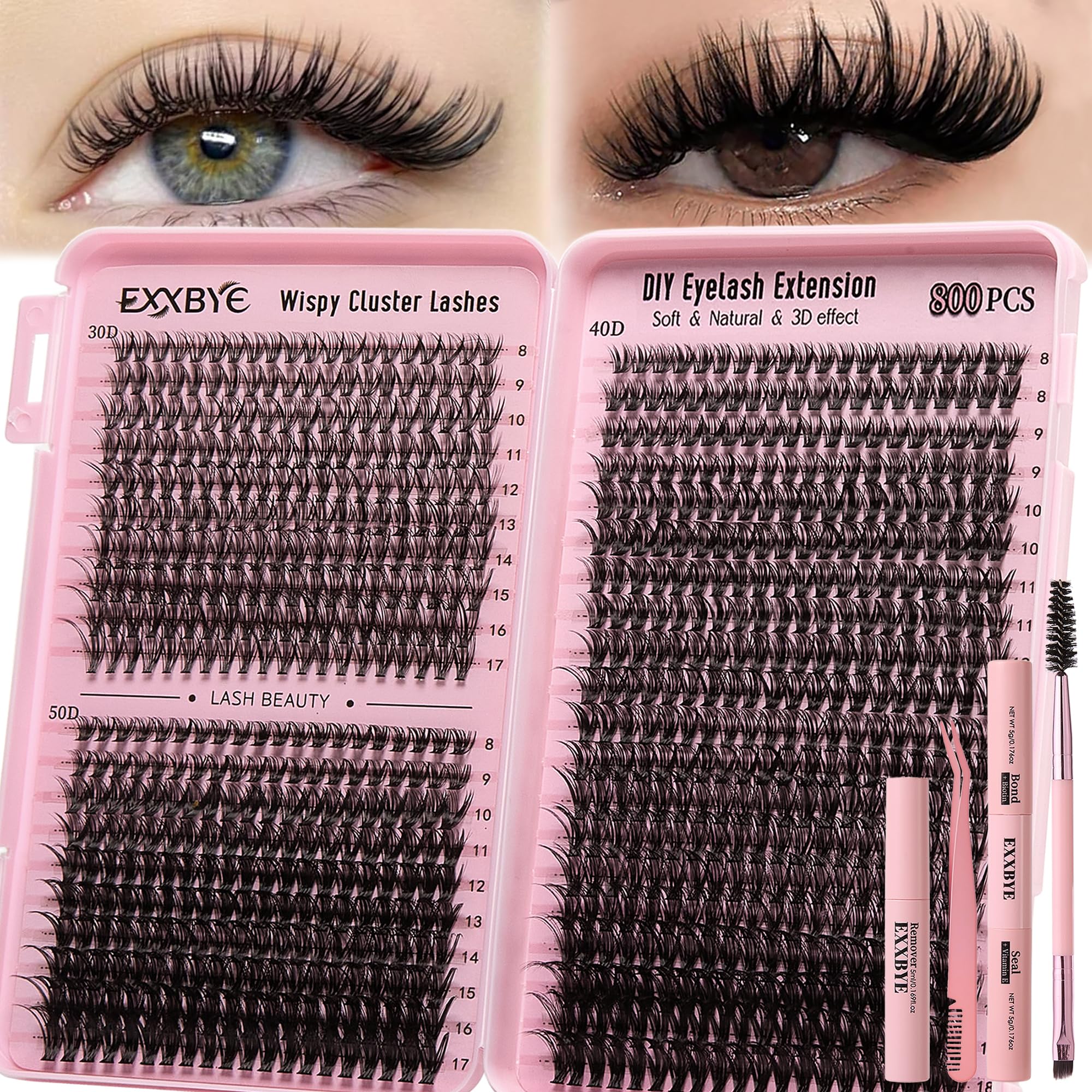 Wispy Lash Clusters Kit 800pcs Lash Extension Kit DIY Eyelash Clusters 30D&40D&50D Lashes Clusters 8-18mm With Lash Bond and Seal, Lash Tweezers, Lash Remover，Lash Brush
