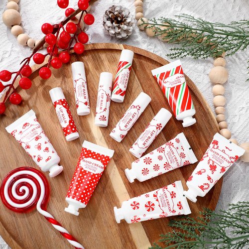 Leelosp 12 Pcs 6 Sets Christmas Hand Cream and Lip Balm Gift Set Bulk Mini Travel Size Lotion and Lip Balm with Peppermint Candy Theme Xmas Stocking Stuffers Thank You Gift for Women Staff Coworker