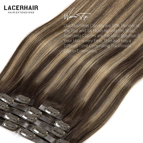 Lacer Hair Remy Hair Seamless Hair Extensions Clip in 18 Inch Balayage Chestnut Brown Mixed Dark Brown 110g 7pcs PU Clip in Hair Extensions Human Hair Thick with PU Weft for Women R#2-2/6