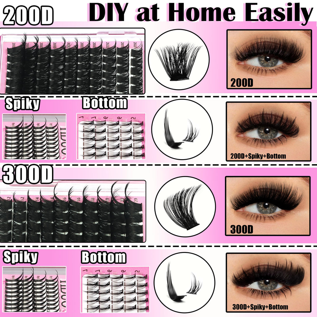 YIDUO Lash Clusters Kit 200D+300D+Spikes+Bottom Cluster Lashes Extensions Kit with Lash Bond and Seal |Tweezers |Removers |Eyebrow Brush (200D+300D-10-18MIX Thick Kit)
