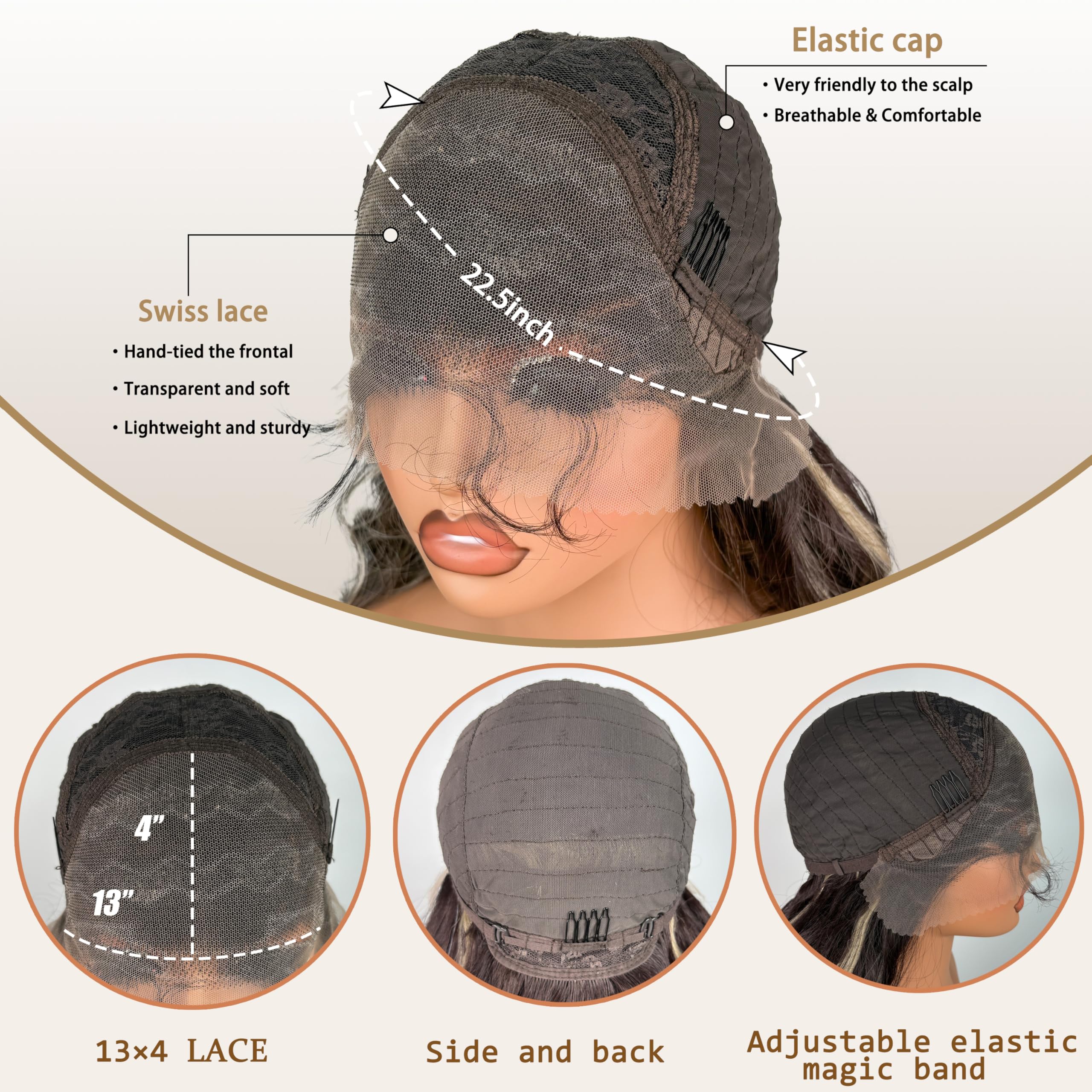 ZadaBelly Highlight 30 inch Body Wave 13x4 Lace Front Wig Brown Base with Black Wavy Hair Pre Plucked Hairline with Baby Hair, Transparent glueless Lace Synthetic Wig for Women Heat Resistant