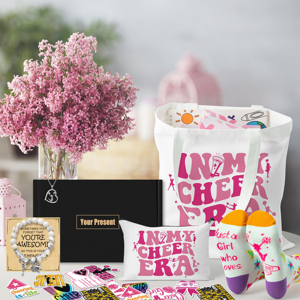 Y1tvei Cheerleader Canvas Bag Gifts - 57Pcs In My Cheer Era Canvas Tote Bag Makeup Pouch, Cheer Bracelet Necklace Encouragement Card Stickers Socks, Cheerleading Lover Gift Set for Women Cheerleaders