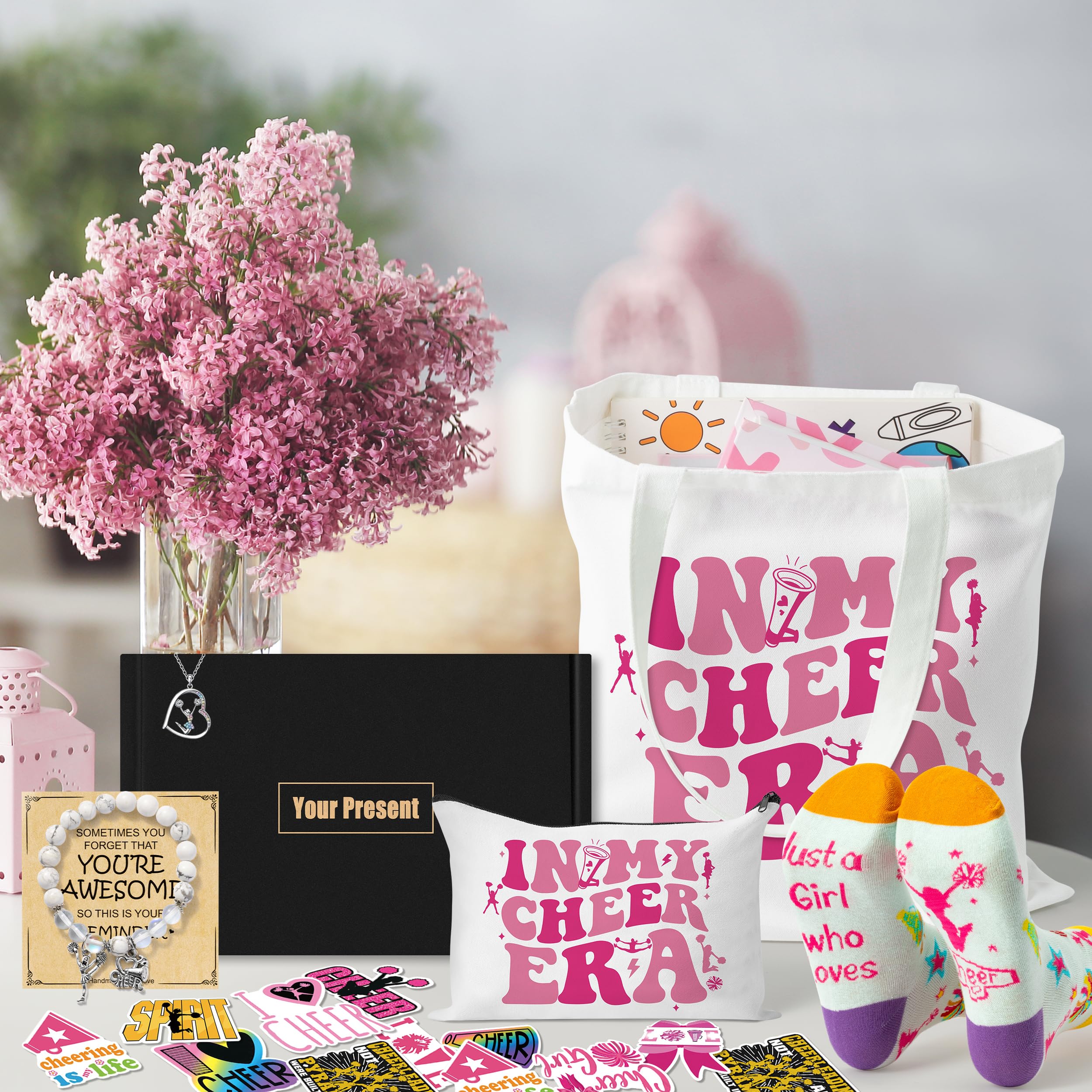 Y1tvei Cheerleader Canvas Bag Gifts - 57Pcs In My Cheer Era Canvas Tote Bag Makeup Pouch, Cheer Bracelet Necklace Encouragement Card Stickers Socks, Cheerleading Lover Gift Set for Women Cheerleaders