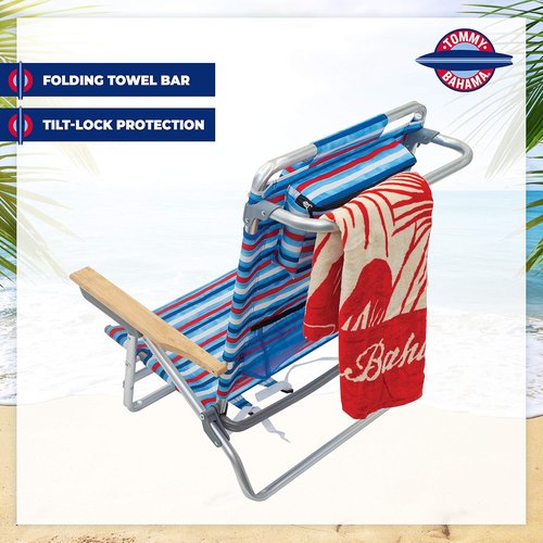 Tommy Bahama Folding Beach Chair - 5-Position Lay Flat Design, Aluminum Frame, Red, White & Blue Stripe
