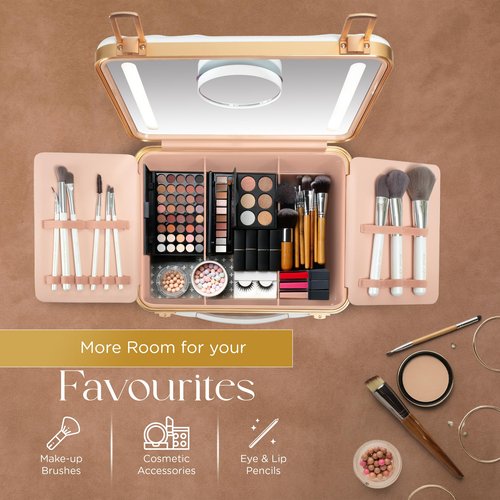 NJ GLAM Lighted Makeup Case with Mirror - Portable Travel Makeup Organizer with LED Mirror, 3 Light Settings, ADJUSTABLE DIVIDERS, Makeup Bag with Mirror and Light - Mini 10x Mirror included