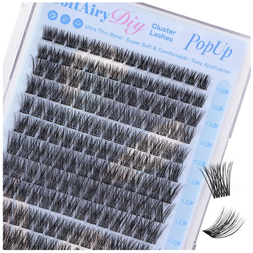 POPUP Lash Clusters Cluster Eyelash Extensions 168Pcs D Curl Natural Wispy Eyelash Clusters Mega Volume Reusable Individual Lashes Super Thin Band and Soft (703, 10-16MIX)