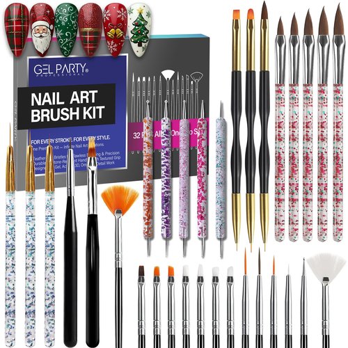 GELPARTY 32-Piece Nail Art Brush Set Professional Brushes for Acrylic, Gel, UV, Ombre, Dotting & 3D Designs | Drawing Pen For Gel Complete Kit for Salon & DIY Use