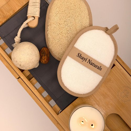 Shayi Natural Loofah Exfoliating Body Scrubber (2 Pack) & Hook to Dry. Loofa/Loofah Sponge as Face and Body Scrubber Exfoliator for Your Daily Shower Loofah Baths. Loofah for Women & Loofah for Men.