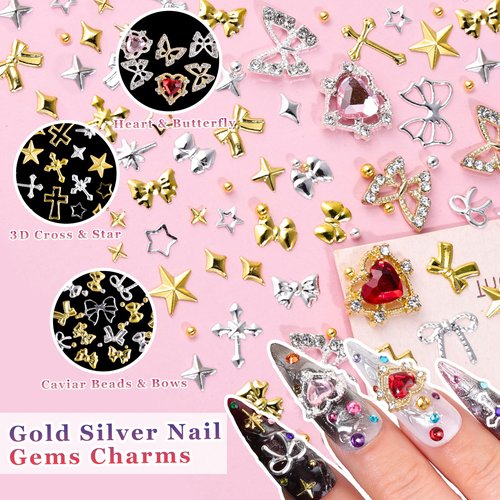 8000Pcs 3D Nail Charms and Nail Gems, Mixed Shapes and Colors Nail Charms Gold Silver Cross Star Caviar Beads Pearls Pink White Flowers Bows Charms with Tweezers for Nail Art Design Junk Case