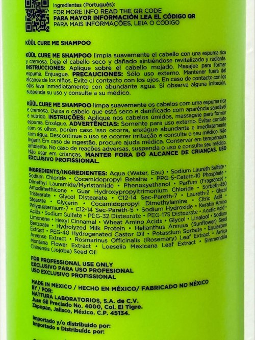 Kuul Cure Me Shampoo 33.8 oz - SHAMPOO KÜÜL RECONSTRUCTOR DEL CABELLO CON HIDRATACIÓN PROLONGADA - 1 Litro / 1000 ML