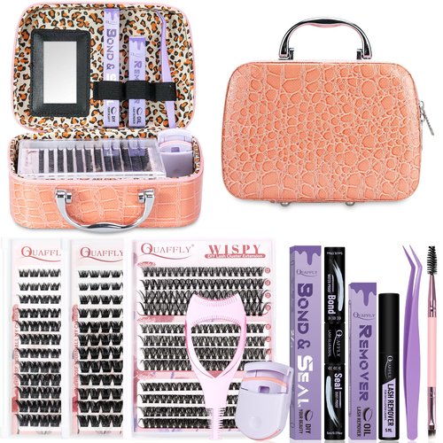 Lash Extension Kit, 516Pcs Individual Cluster Eyelash Extensions with Lash Bond&Seal Remover Tweezer Brush Lash Curler Lash Assistant Stylish Portable Makeup Bag DIY Lash Extensions at Home
