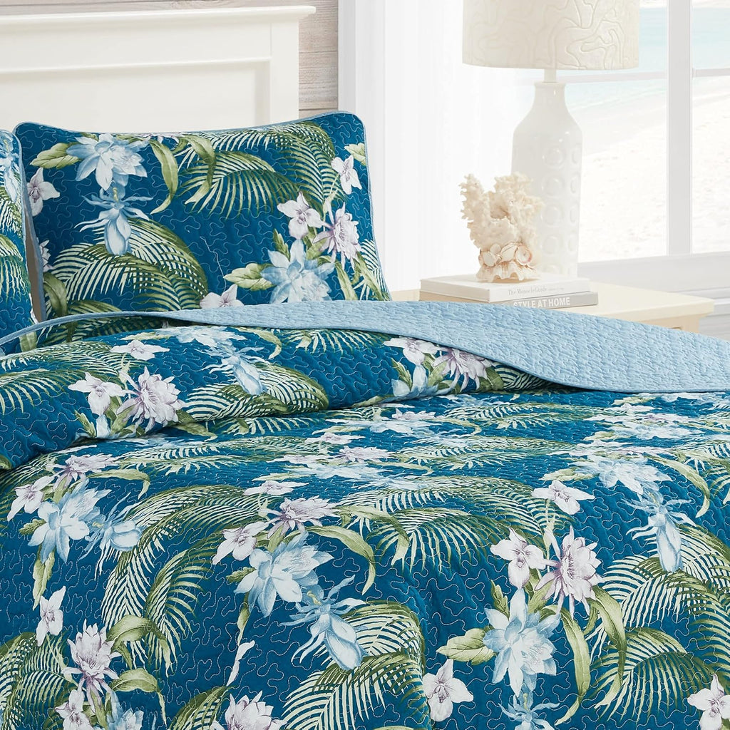 Tommy Bahama King Quilt Set - Reversible Cotton Bedding with Matching Shams | Oeko-Tex Certified, Southern Breeze Dark Blue