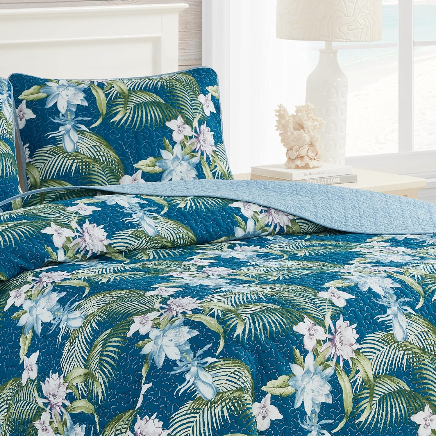 Tommy Bahama King Quilt Set - Reversible Cotton Bedding with Matching Shams | Oeko-Tex Certified, Southern Breeze Dark Blue