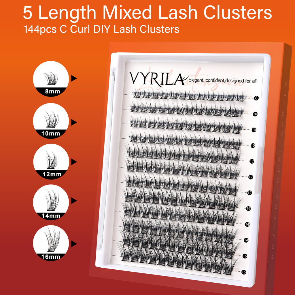 VYRILA Lash Cluster 144pcs Individual Lashes,8-16mm Diy Lash Extension,C Curl Lash Clusters Wispy,3D Natural Lash Clusters Look Like Eyelash Extension DIY at Home (Orange Spirit-C-8-16mix)
