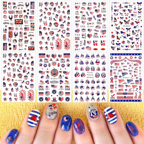 Maitys 16 Sheets 4th of July Nail Art Stickers Independence Day Nail Decals 3D Self-Adhesive Patriotic American Flag Sticker 12 Grids Star Glitter Sequins DIY 250th Anniversary Decoration Accessories
